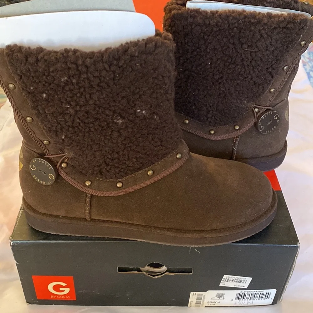 NIB G BY GUESS Y2K Brown Multi Fabric Boots Sz 7.5 - Picture 1 of 8